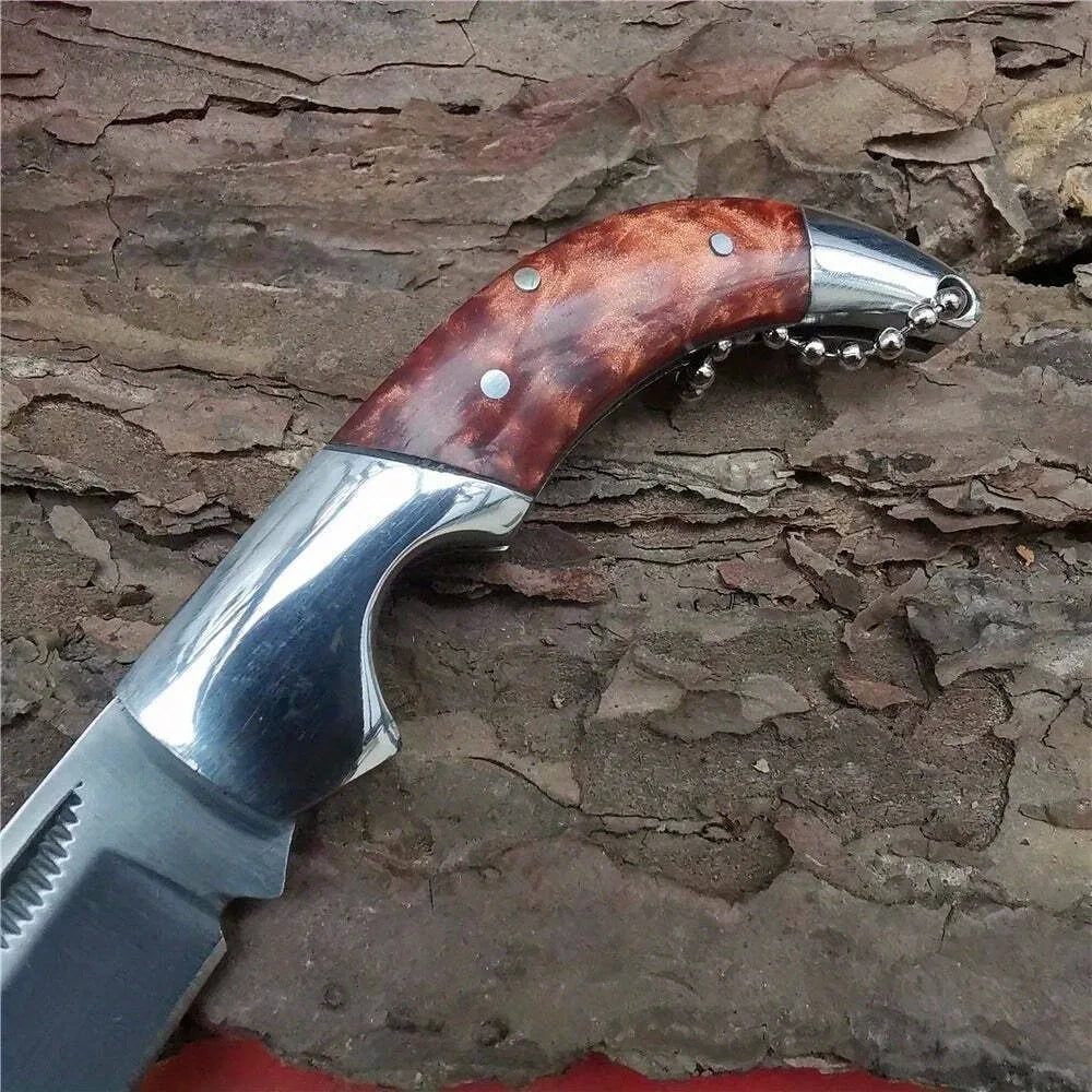 Compact outdoor knife with wood and metal construction
