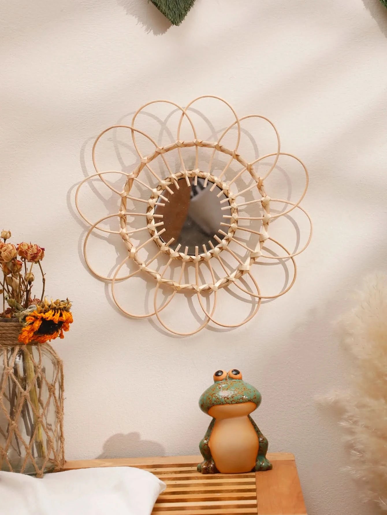 Handmade woven wall mirror with natural frame

