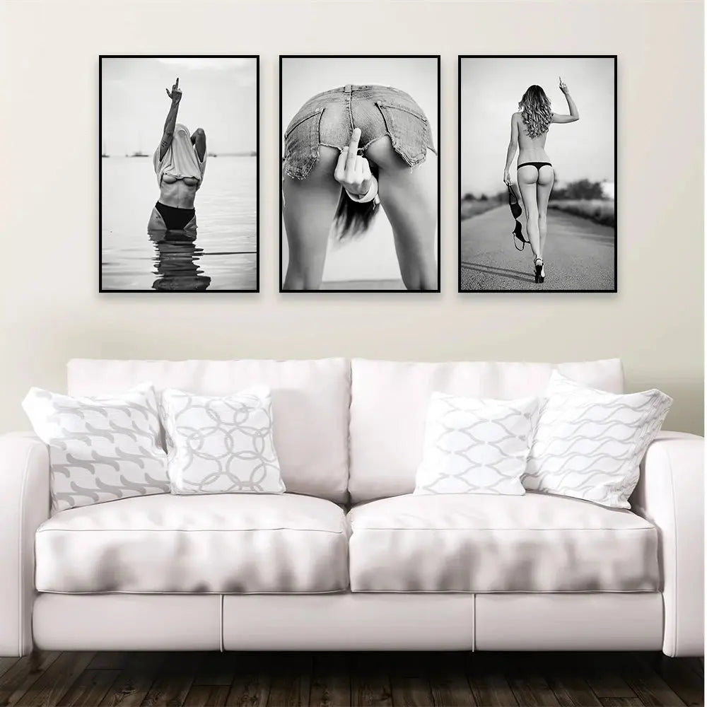 Sexy woman wall art in black and white minimalist style