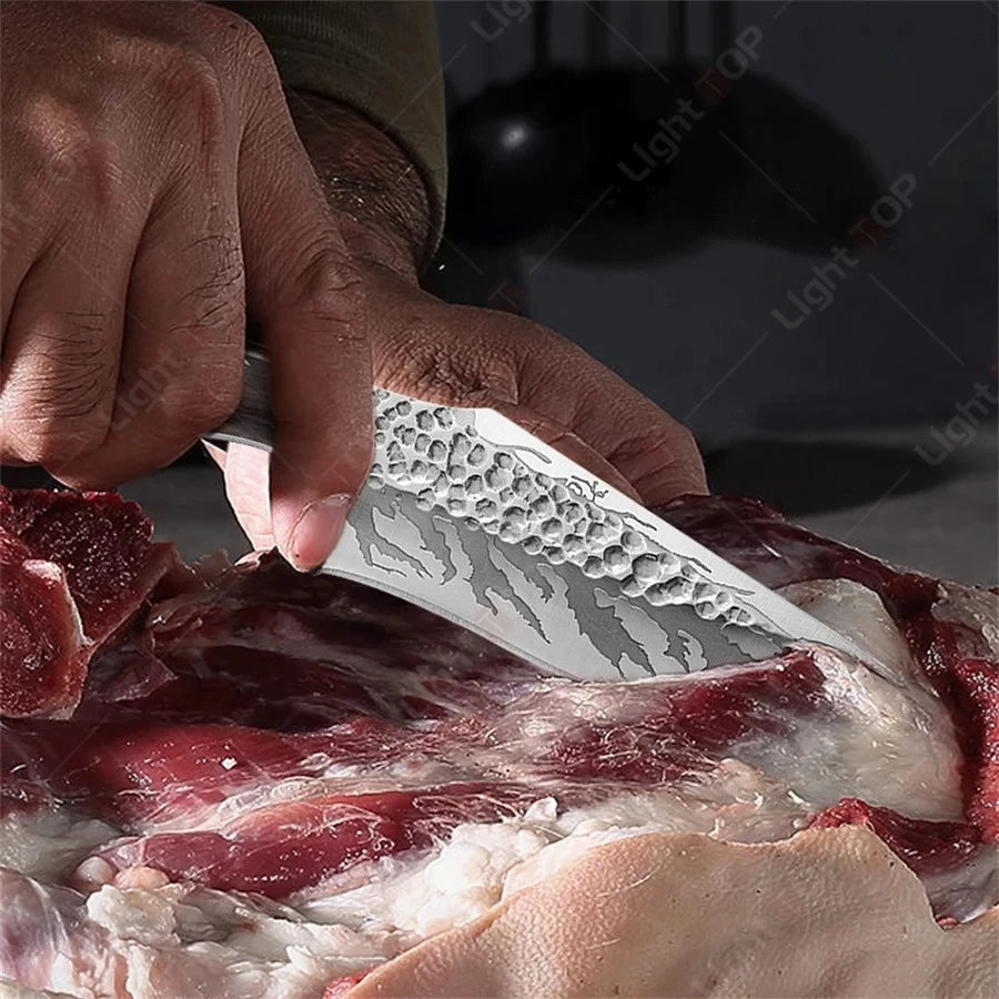 Heavy-duty butcher cleaver placed on rustic kitchen background

