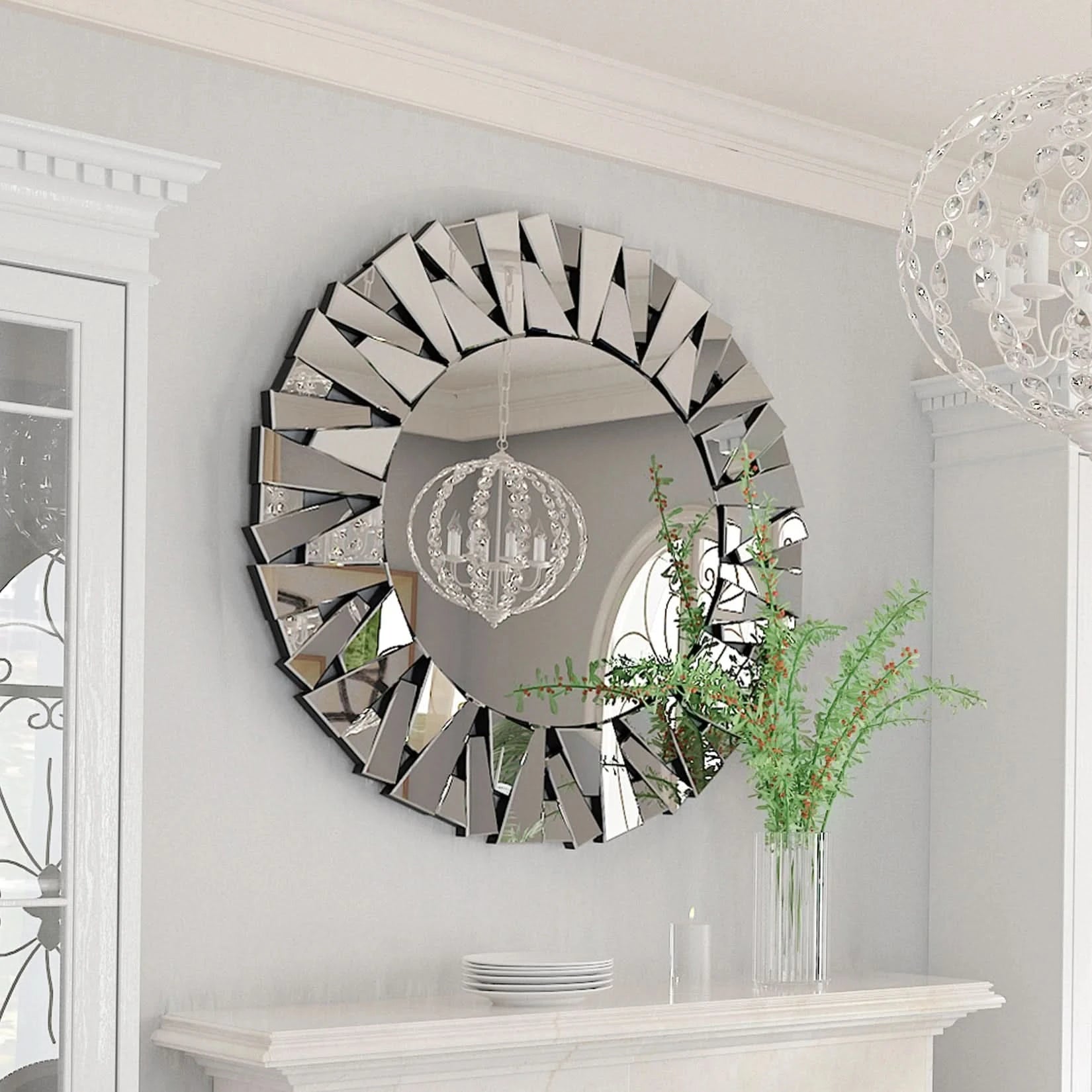 Silver wall-mounted circle mirror accent