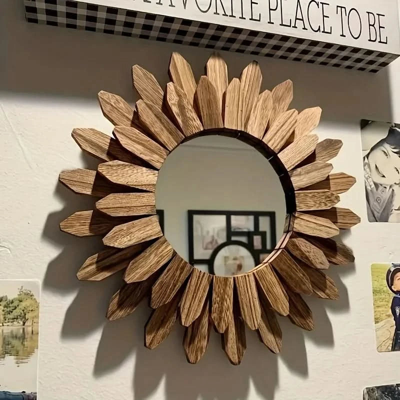 Wooden wall-mounted sunflower mirror

