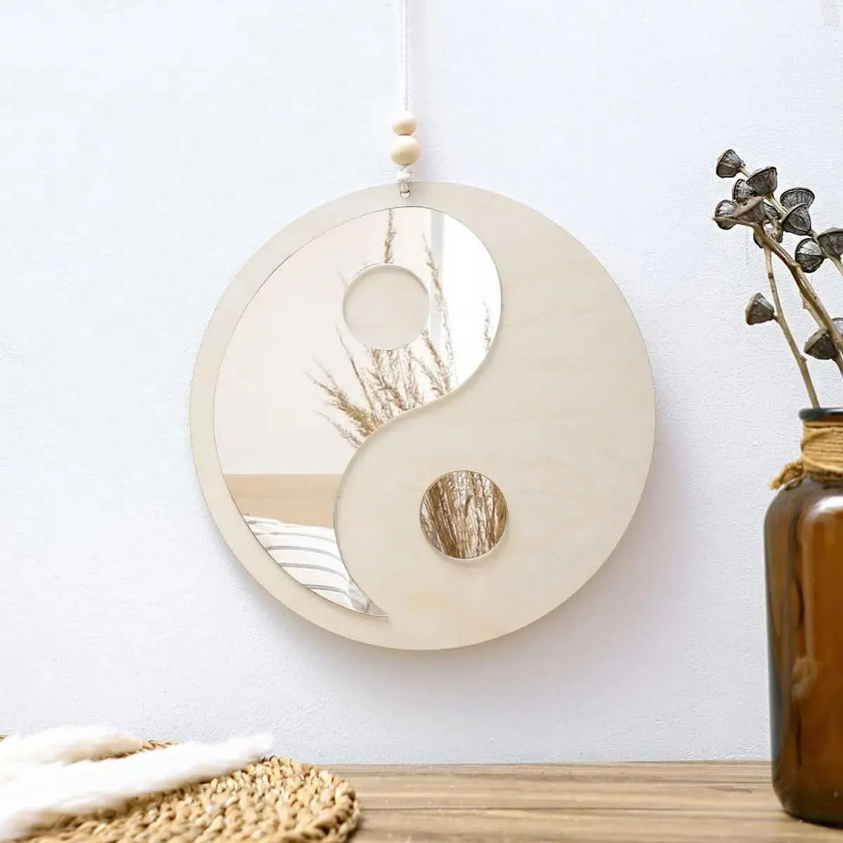 Wooden Yin Yang mirror for boho home décor